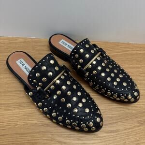 Steve Madden Studded Loafer Mules Black Gold Slip On Flats